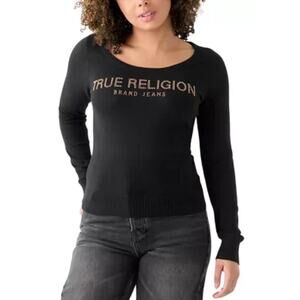 TRUE RELIGION Women's Crystal Logo Sweater Size M In Jet Black